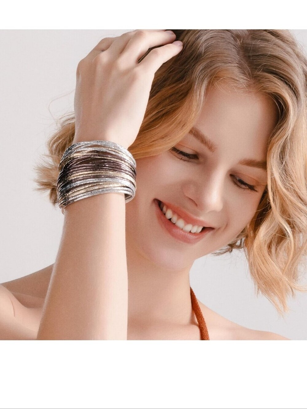 Multi-Tone Metallic Wrap Bracelet - Silver and Brown